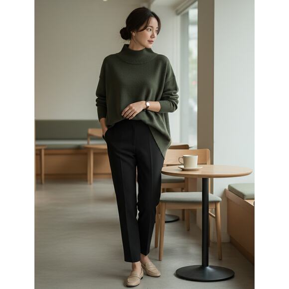 Eileen Fisher Mock Neck Tunic Sweater | Merino Wool | Olive Green | Women's L - Picture 3 of 9